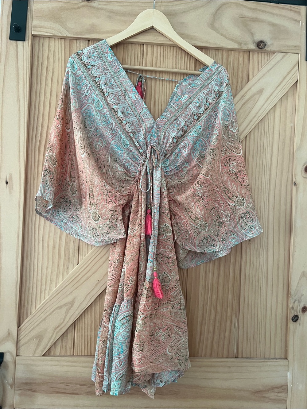 Paisley Tie-Front Mini Dress in Coral and Mint